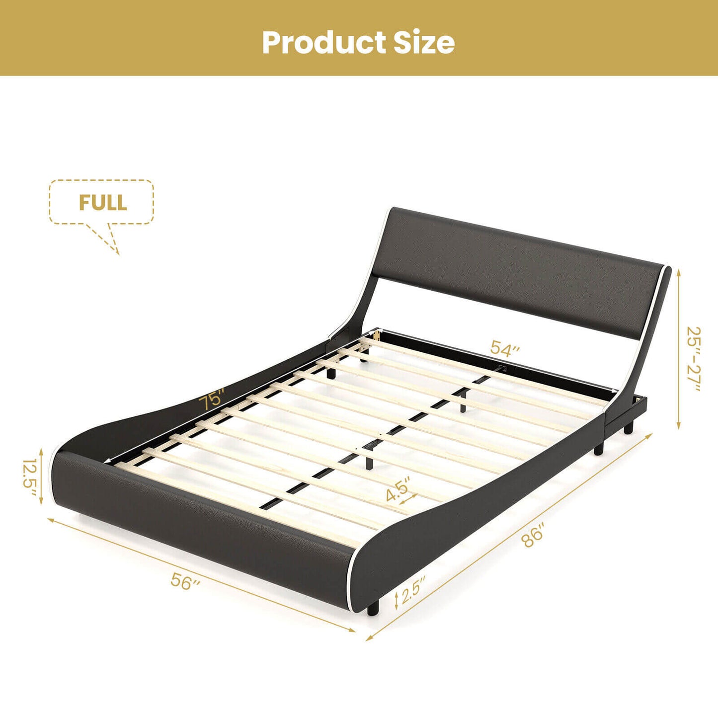 Low Profile Upholstered Faux Leather Platform Bed with Curved Headboard – Full Size