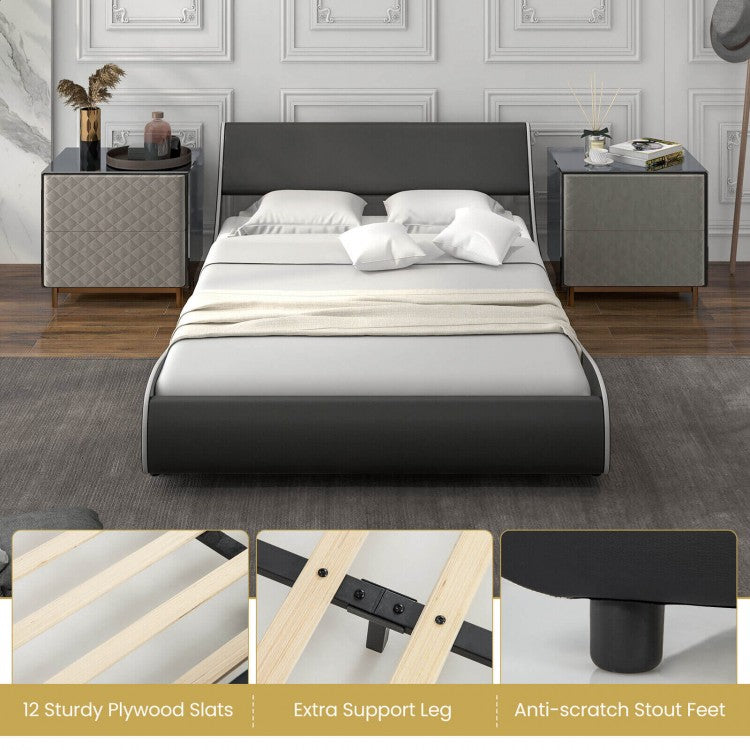 Low Profile Upholstered Faux Leather Platform Bed with Curved Headboard – Full Size