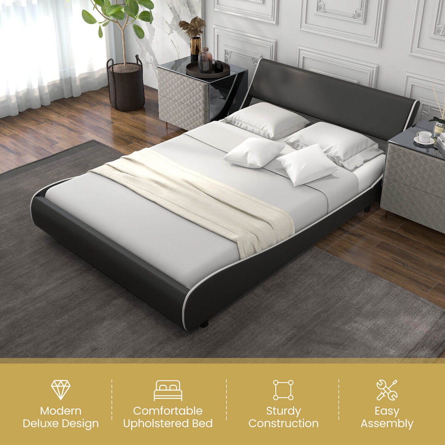 Low Profile Upholstered Faux Leather Platform Bed with Curved Headboard – Full Size