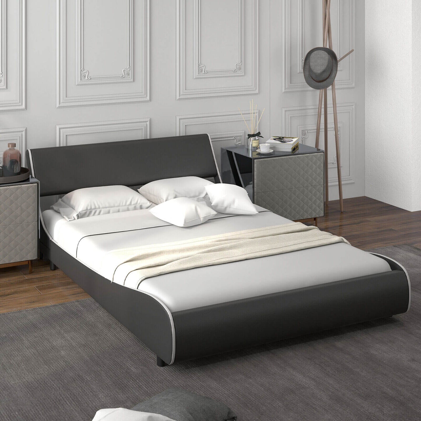 Low Profile Upholstered Faux Leather Platform Bed with Curved Headboard – Full Size