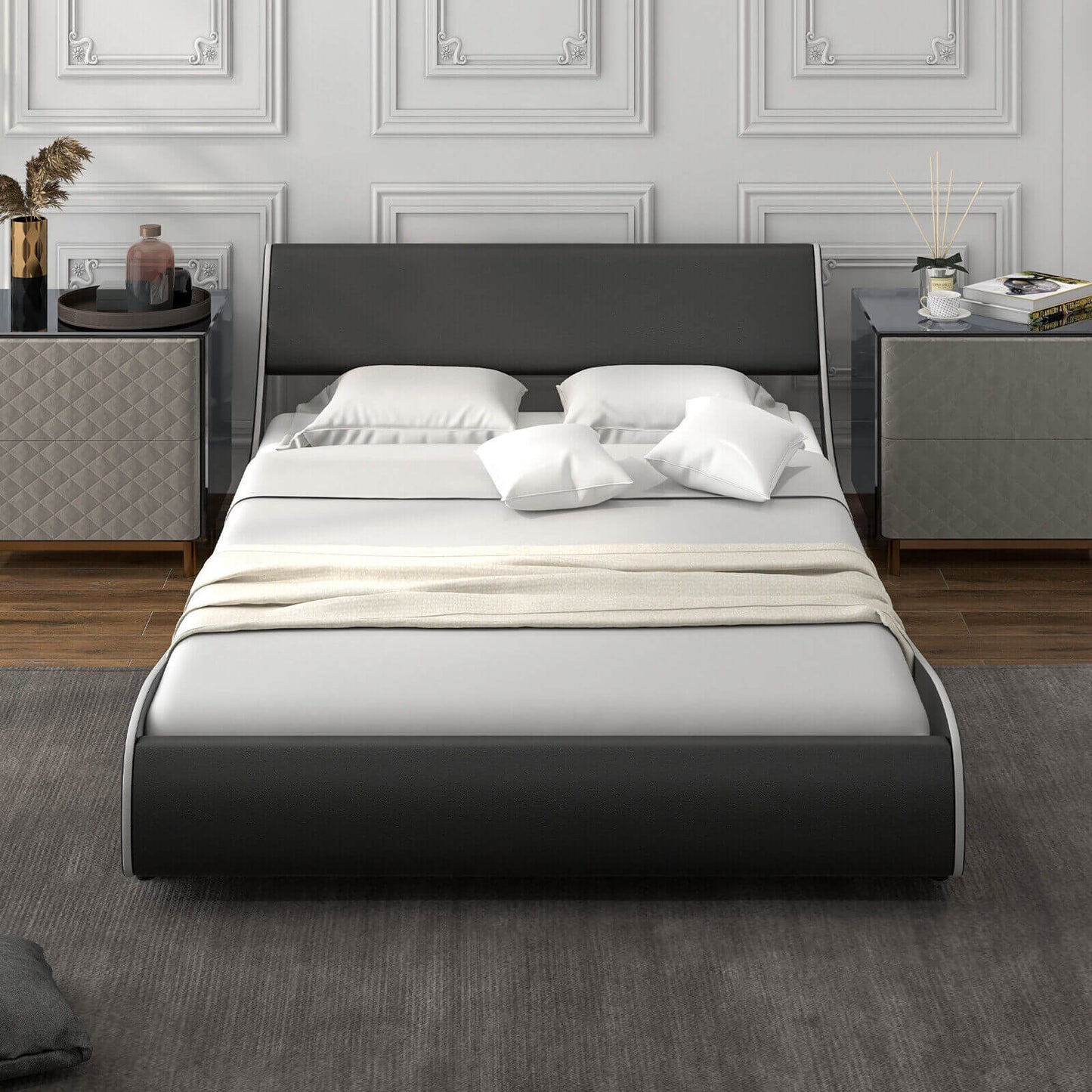 Low Profile Upholstered Faux Leather Platform Bed with Curved Headboard – Full Size