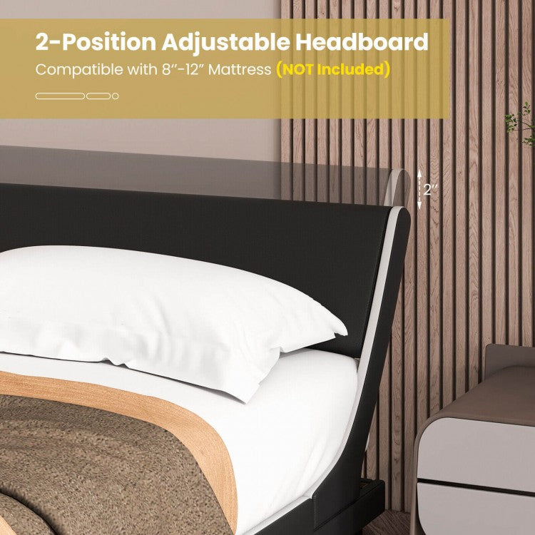 Low Profile Upholstered Faux Leather Platform Bed with Curved Headboard – Full Size