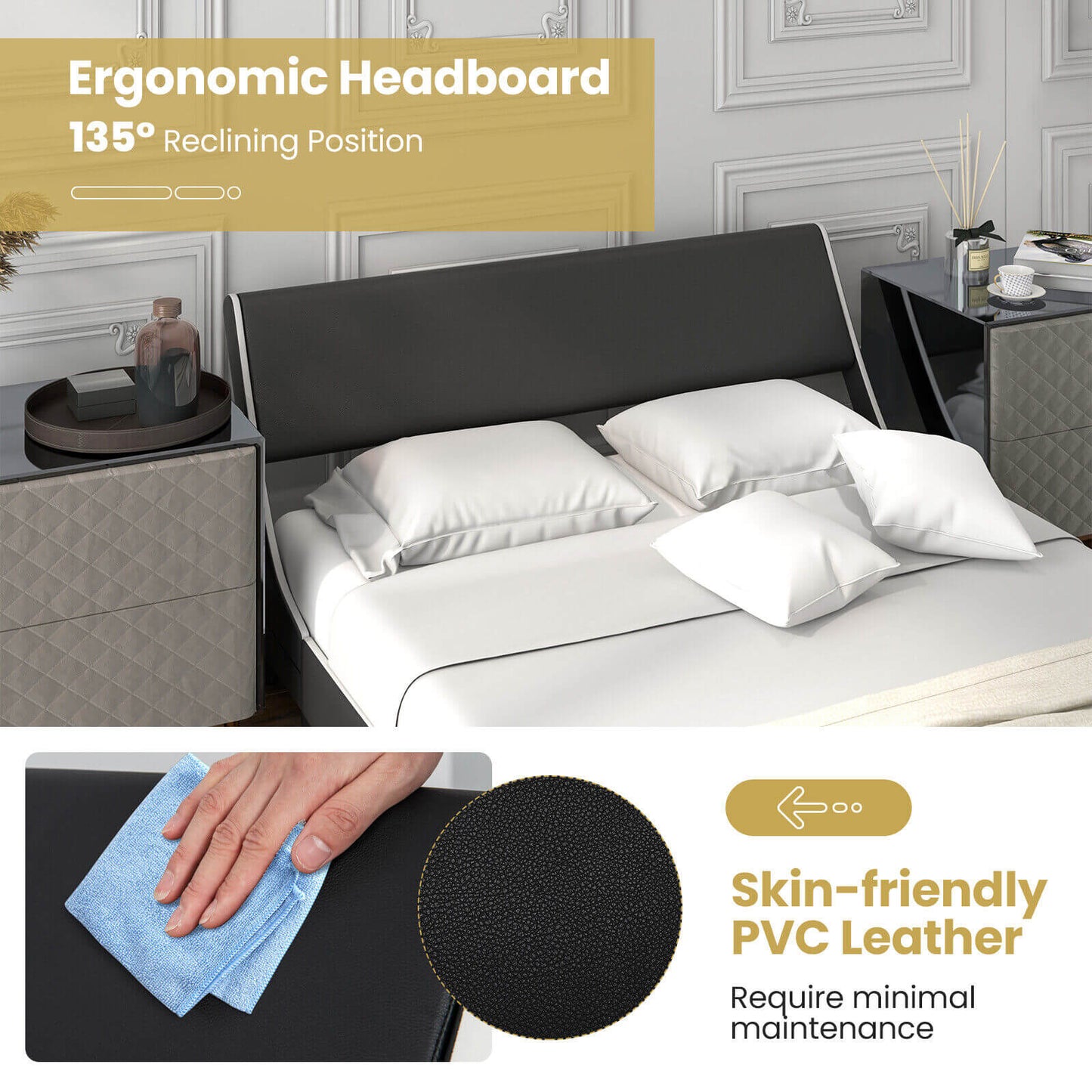 Low Profile Upholstered Faux Leather Platform Bed with Curved Headboard – Full Size
