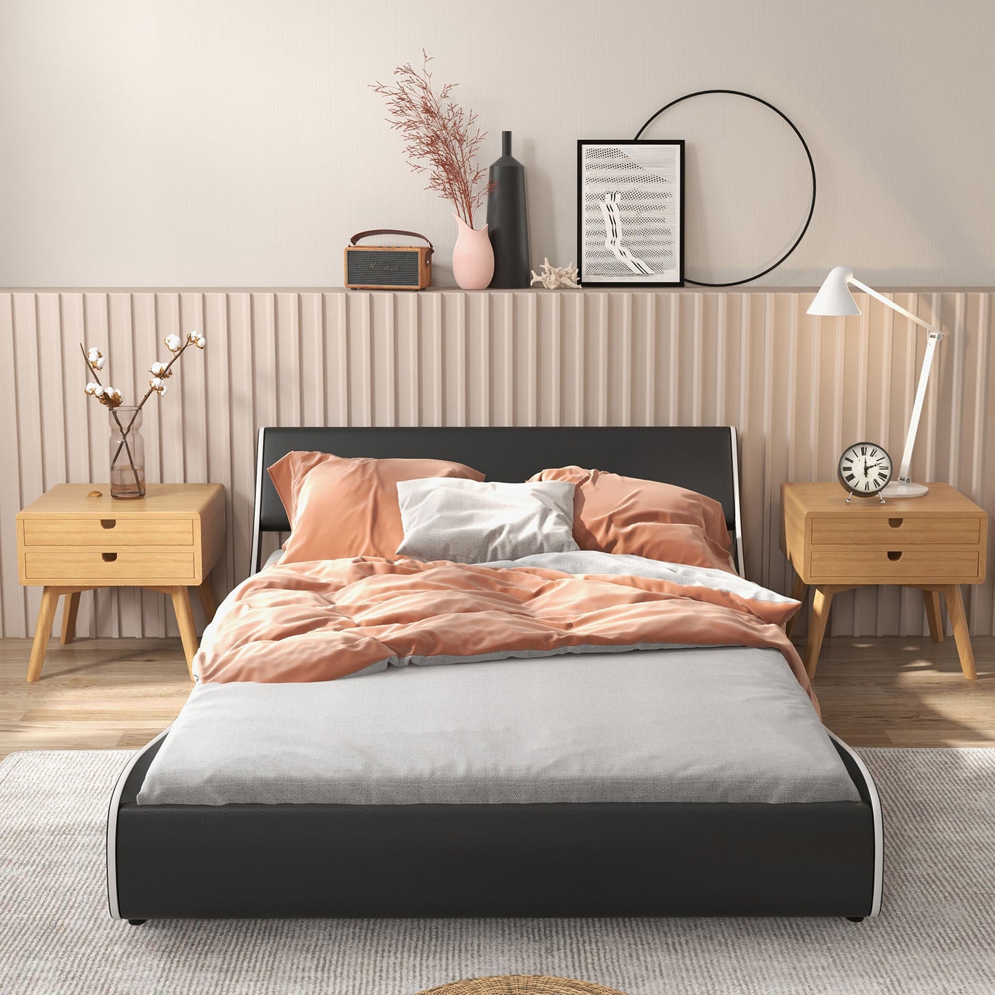 Low Profile Upholstered Faux Leather Platform Bed with Curved Headboard – Full Size