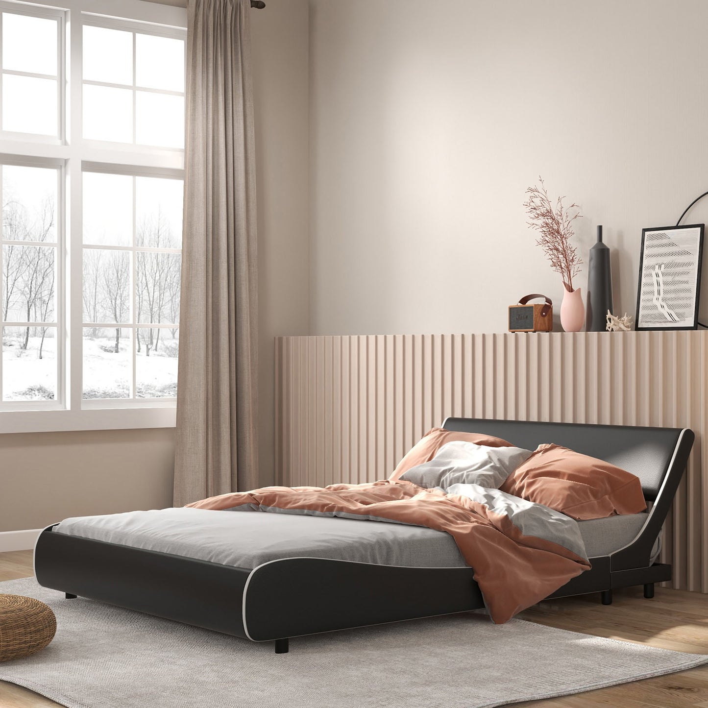 Low Profile Upholstered Faux Leather Platform Bed with Curved Headboard – Full Size