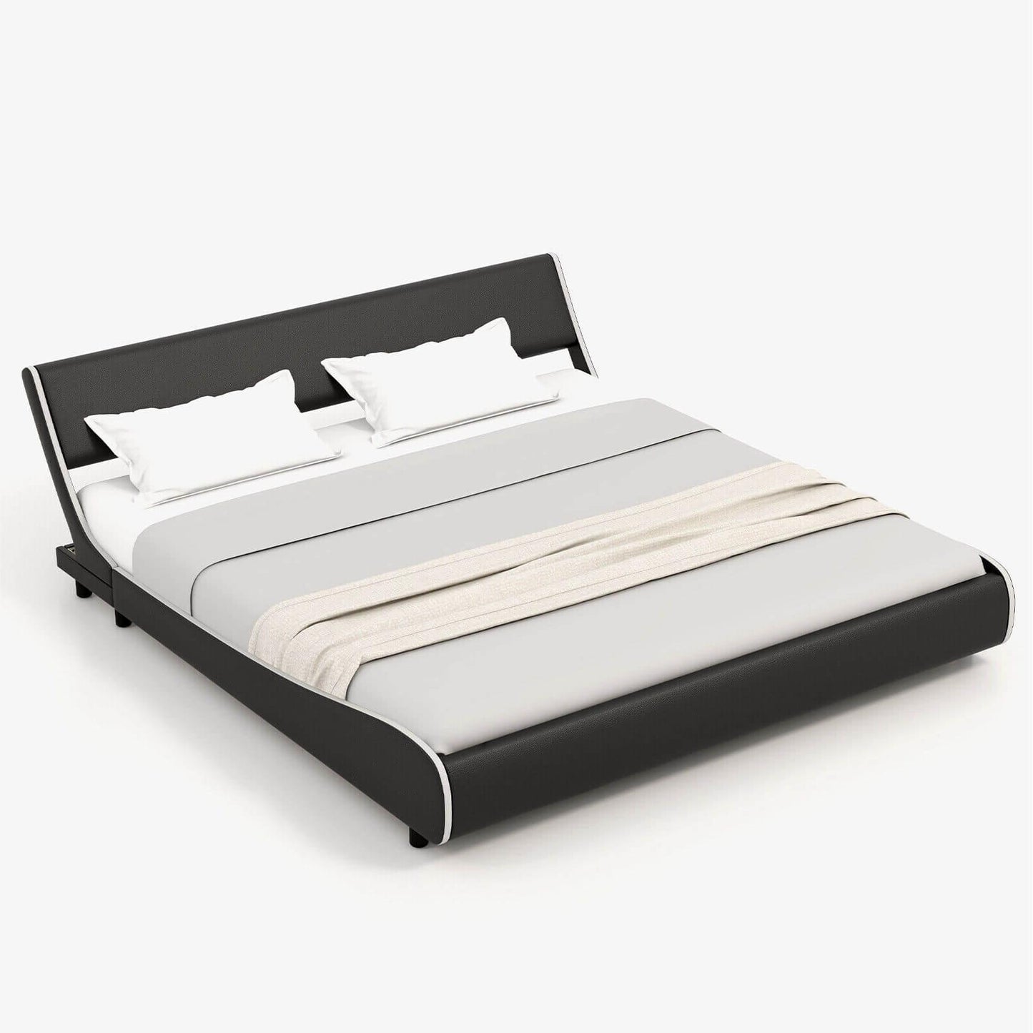 Low Profile Upholstered Faux Leather Platform Bed with Curved Headboard – King Size