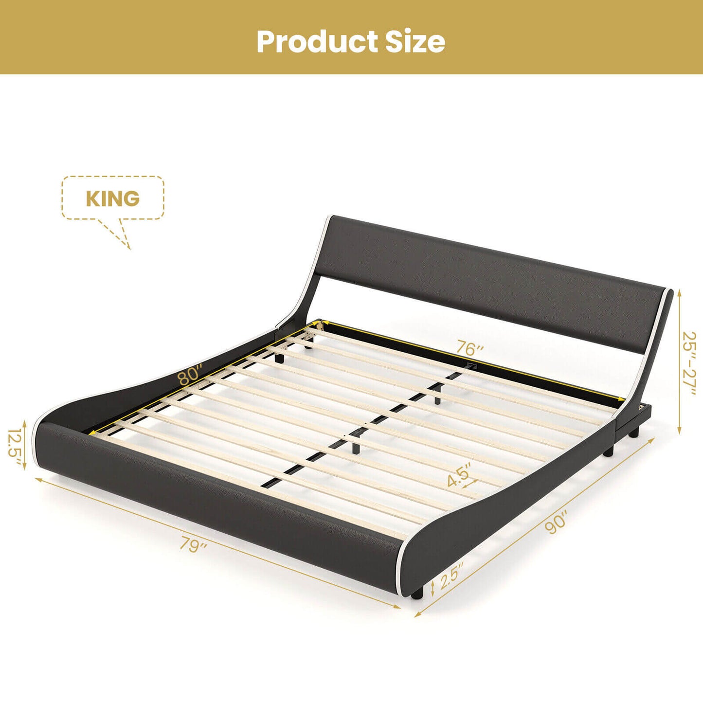 Low Profile Upholstered Faux Leather Platform Bed with Curved Headboard – King Size