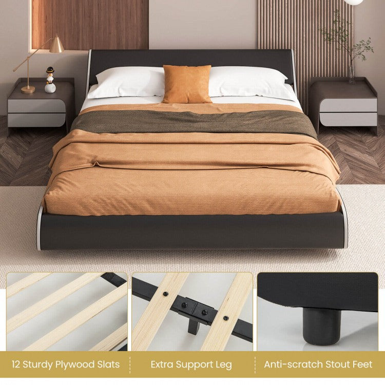 Low Profile Upholstered Faux Leather Platform Bed with Curved Headboard – King Size