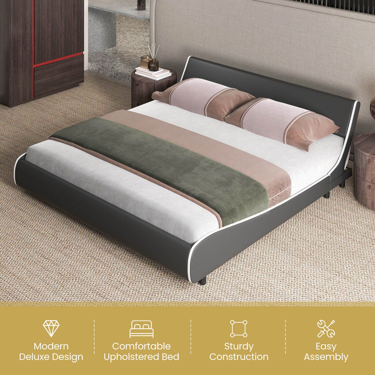 Low Profile Upholstered Faux Leather Platform Bed with Curved Headboard – King Size