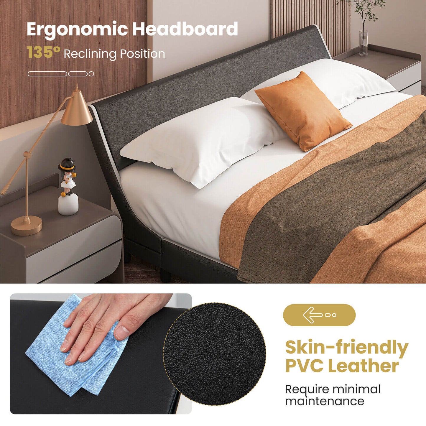 Low Profile Upholstered Faux Leather Platform Bed with Curved Headboard – King Size