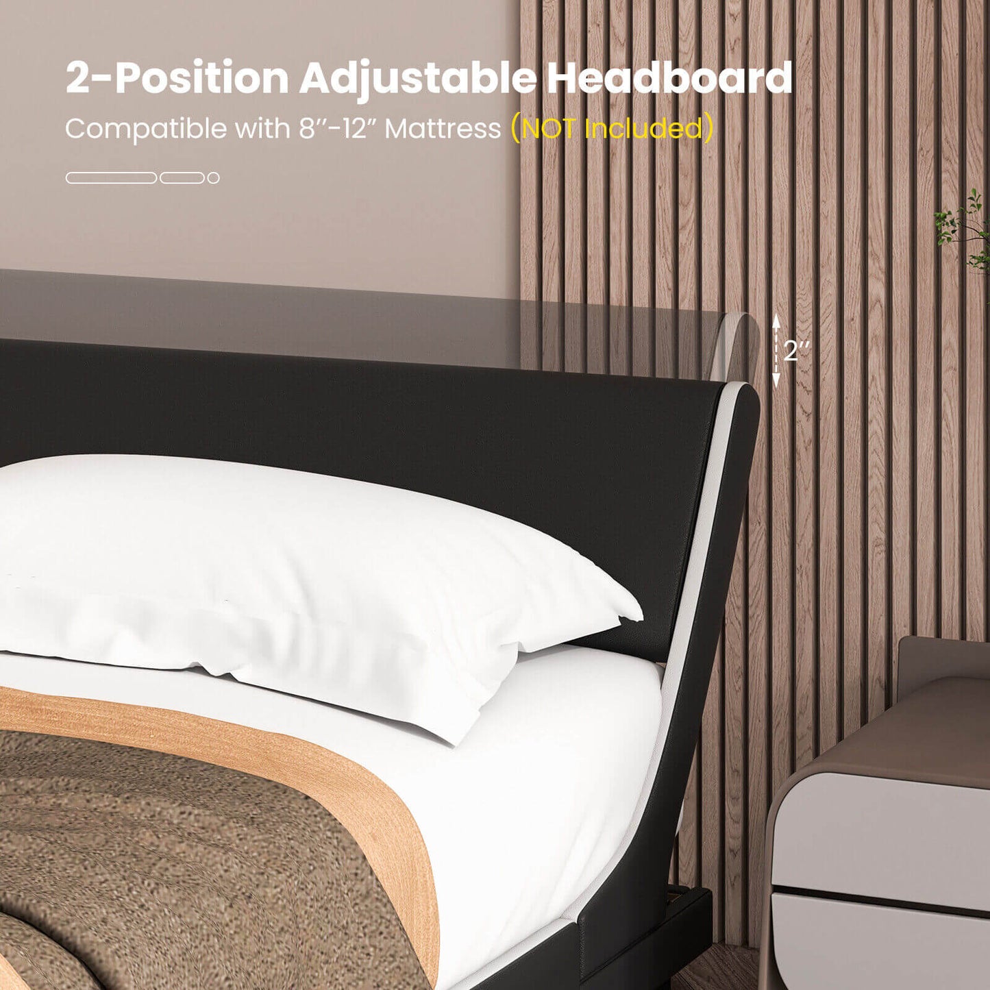 Low Profile Upholstered Faux Leather Platform Bed with Curved Headboard – King Size