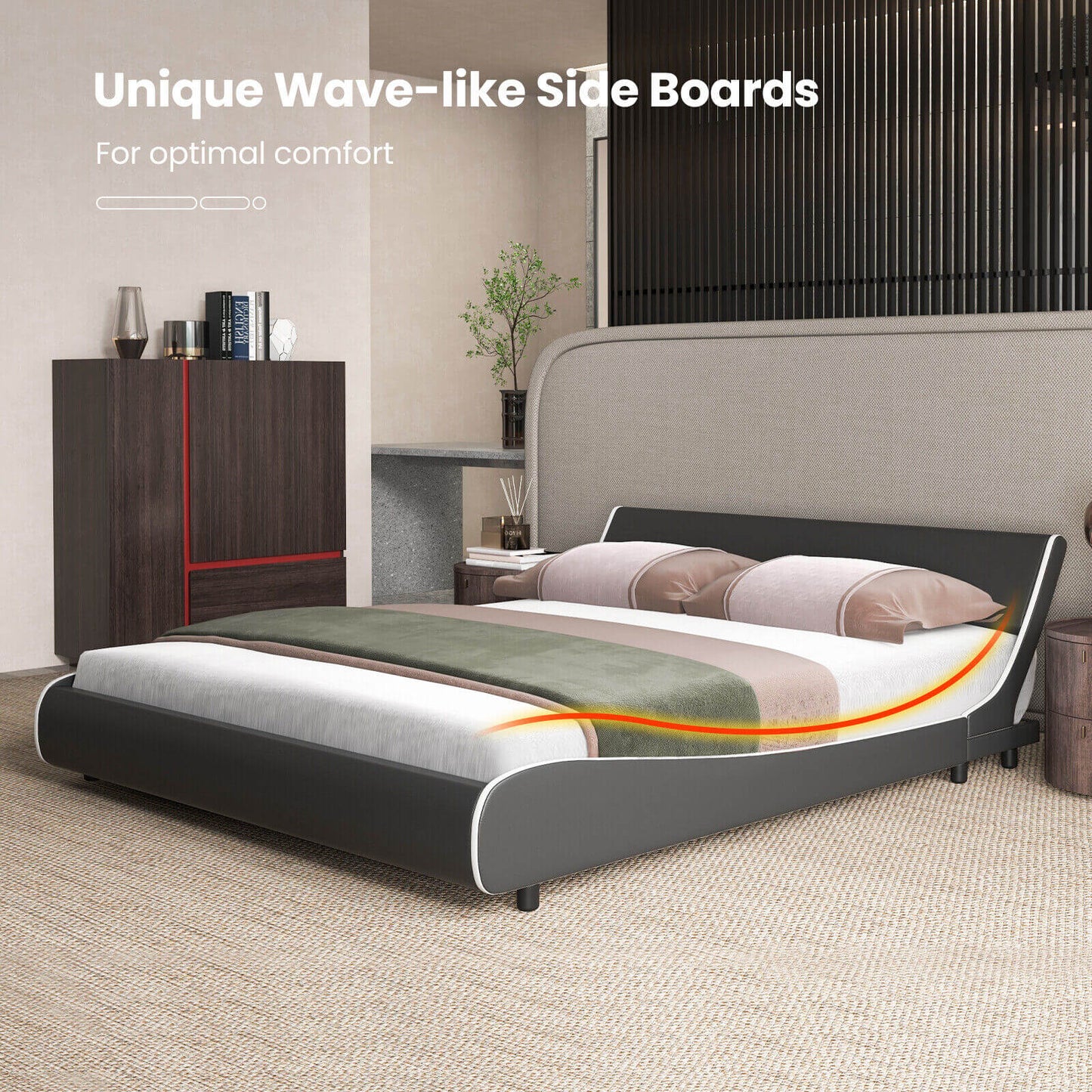Low Profile Upholstered Faux Leather Platform Bed with Curved Headboard – King Size