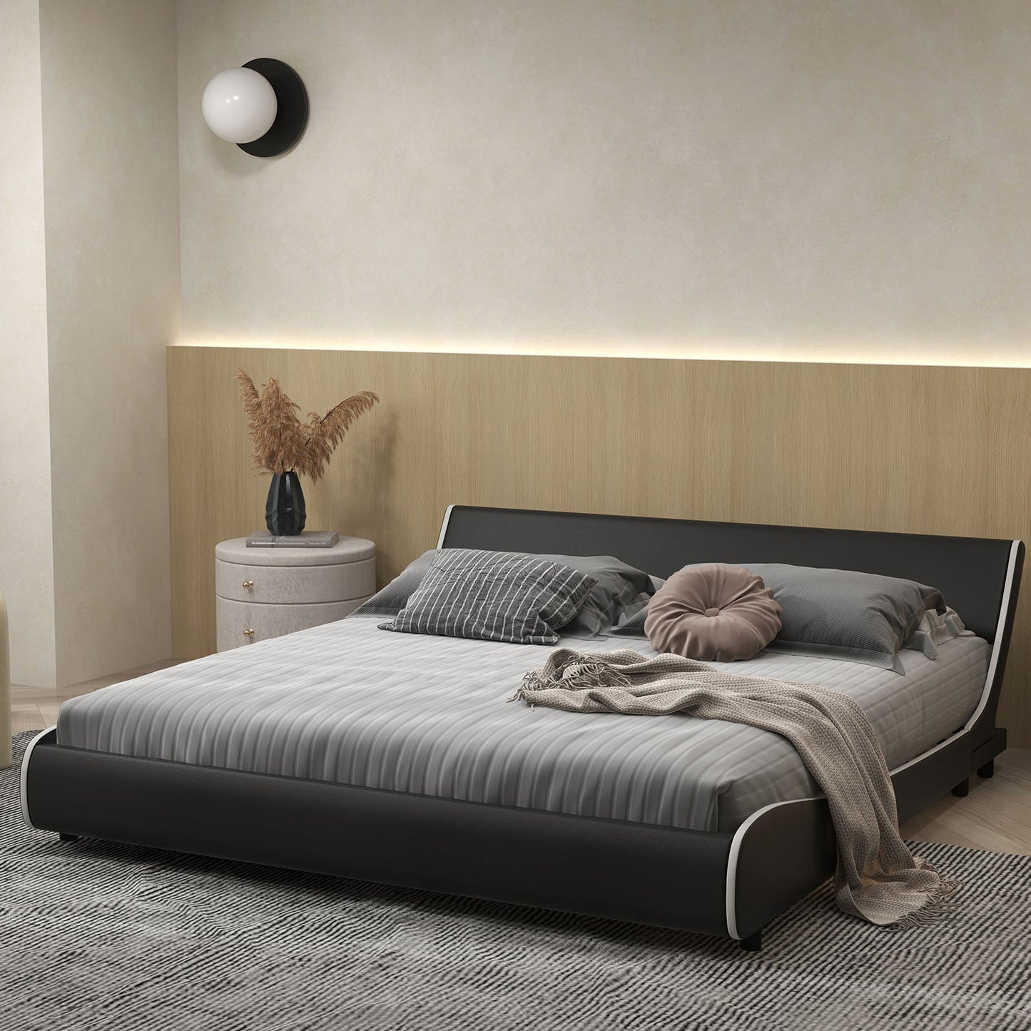 Low Profile Upholstered Faux Leather Platform Bed with Curved Headboard – King Size
