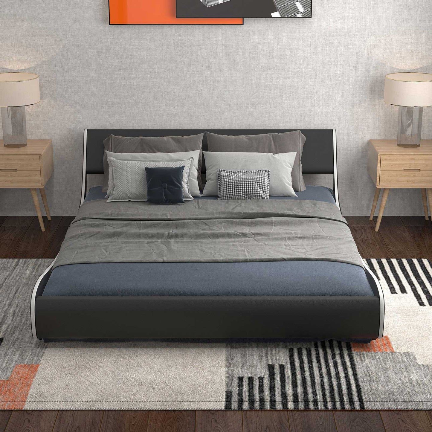 Low Profile Upholstered Faux Leather Platform Bed with Curved Headboard – King Size