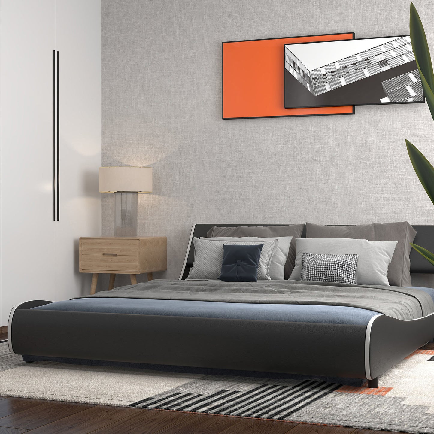 Low Profile Upholstered Faux Leather Platform Bed with Curved Headboard – King Size