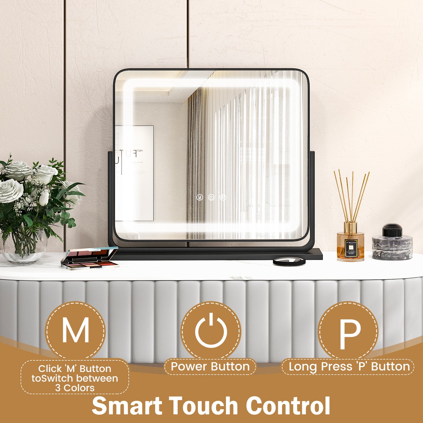 LED Vanity Makeup Mirror with 360° Rotation, 3 Color Lighting Modes & Touch Control