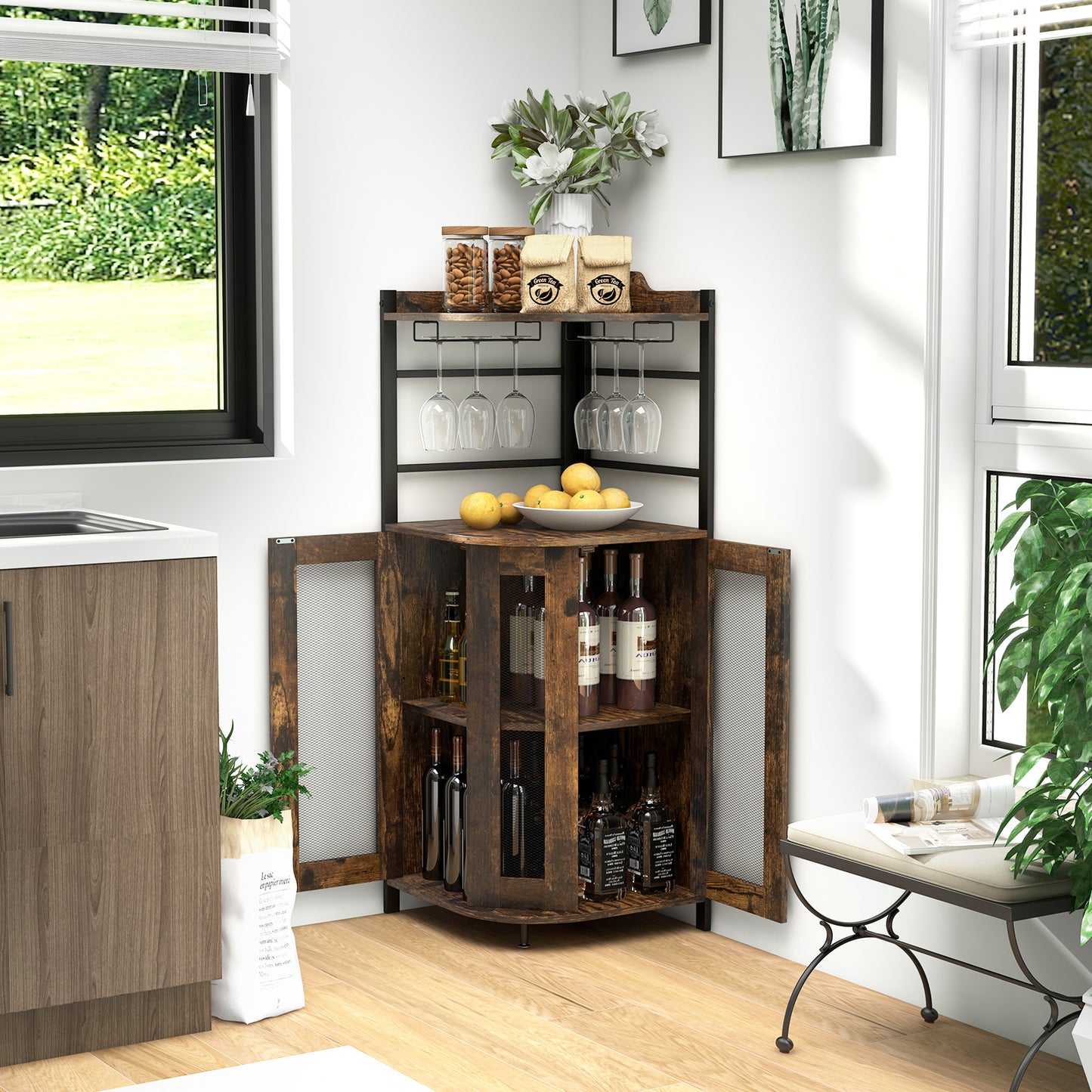 Freestanding Corner Bar Cabinet with Wine Glass Rack and Adjustable Storage Shelf - Rustic Brown