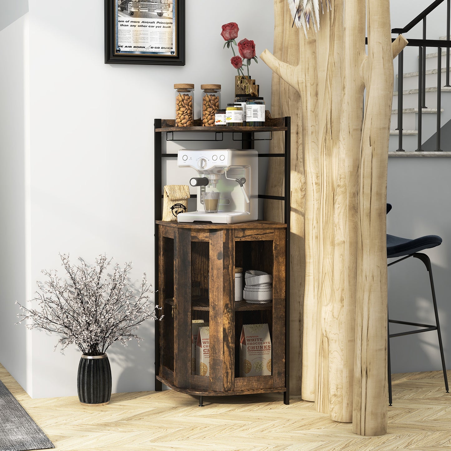 Freestanding Corner Bar Cabinet with Wine Glass Rack and Adjustable Storage Shelf - Rustic Brown
