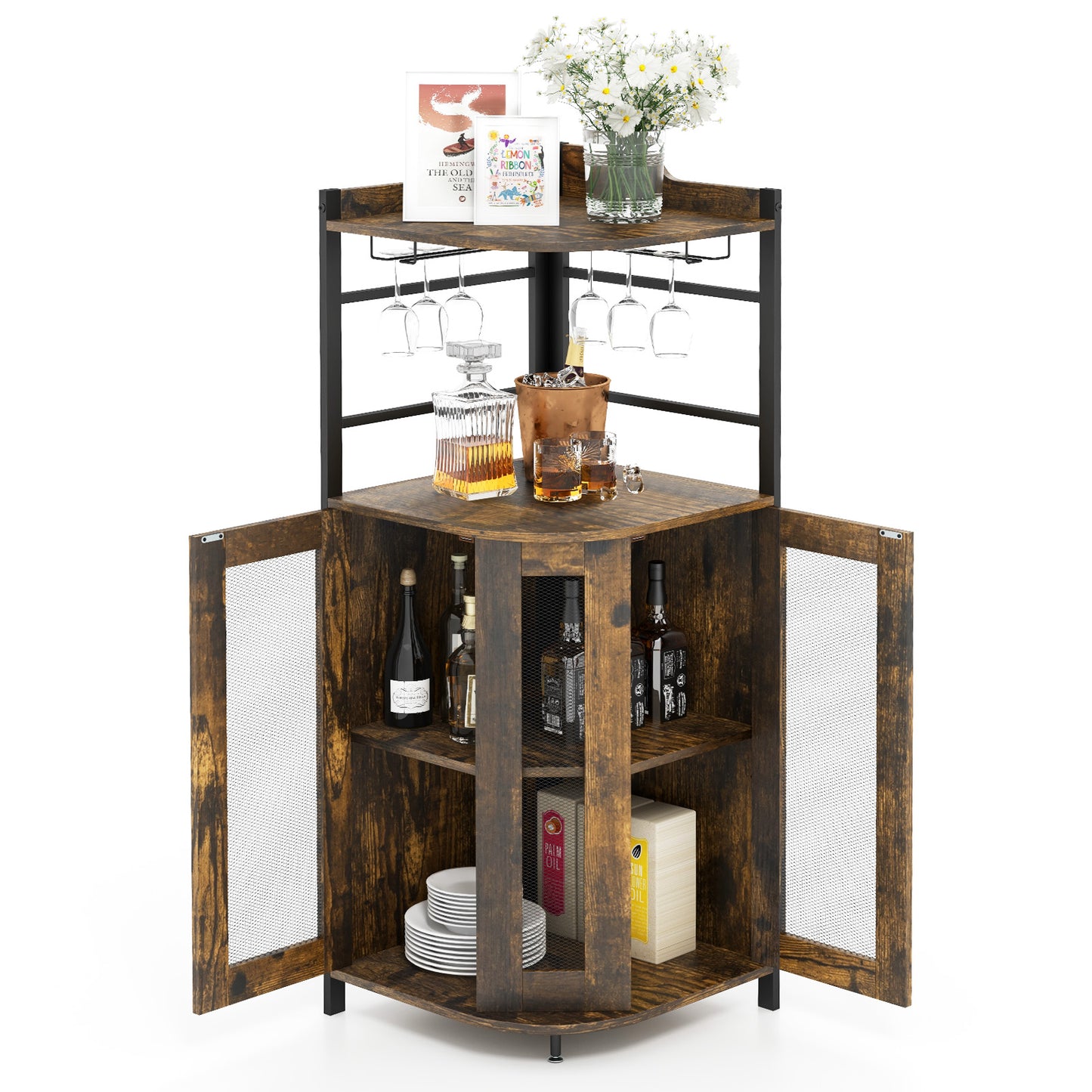 Freestanding Corner Bar Cabinet with Wine Glass Rack and Adjustable Storage Shelf - Rustic Brown