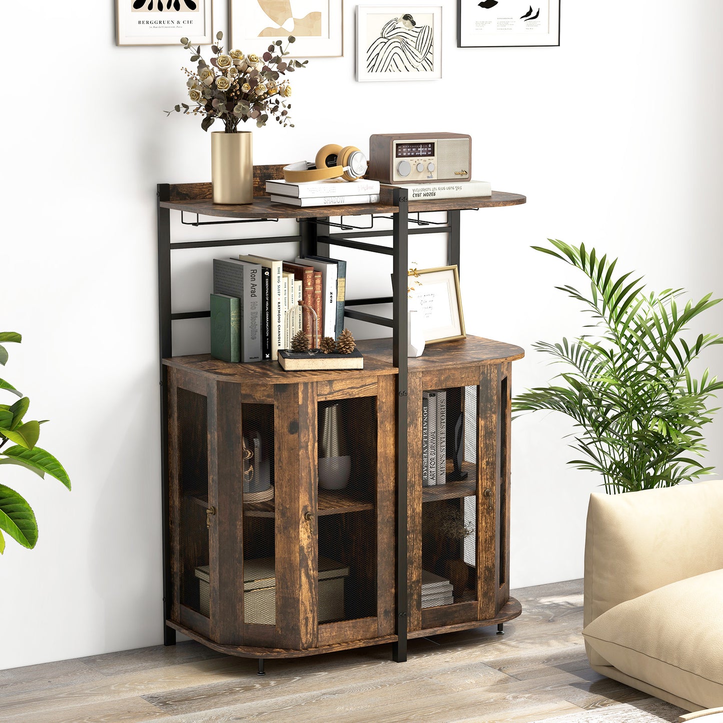 Freestanding Corner Bar Cabinet with Wine Glass Rack and Adjustable Storage Shelf - Rustic Brown
