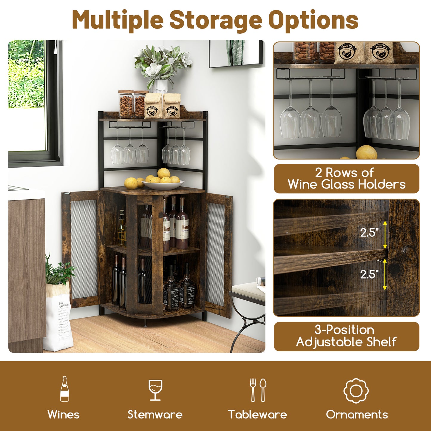Freestanding Corner Bar Cabinet with Wine Glass Rack and Adjustable Storage Shelf - Rustic Brown
