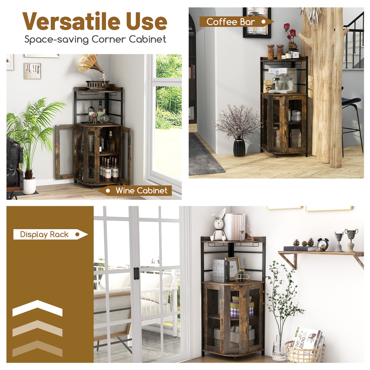 Freestanding Corner Bar Cabinet with Wine Glass Rack and Adjustable Storage Shelf - Rustic Brown