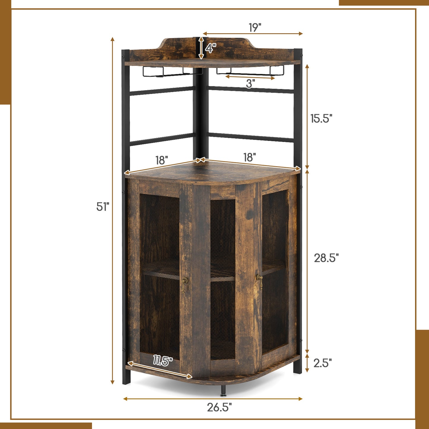 Freestanding Corner Bar Cabinet with Wine Glass Rack and Adjustable Storage Shelf - Rustic Brown