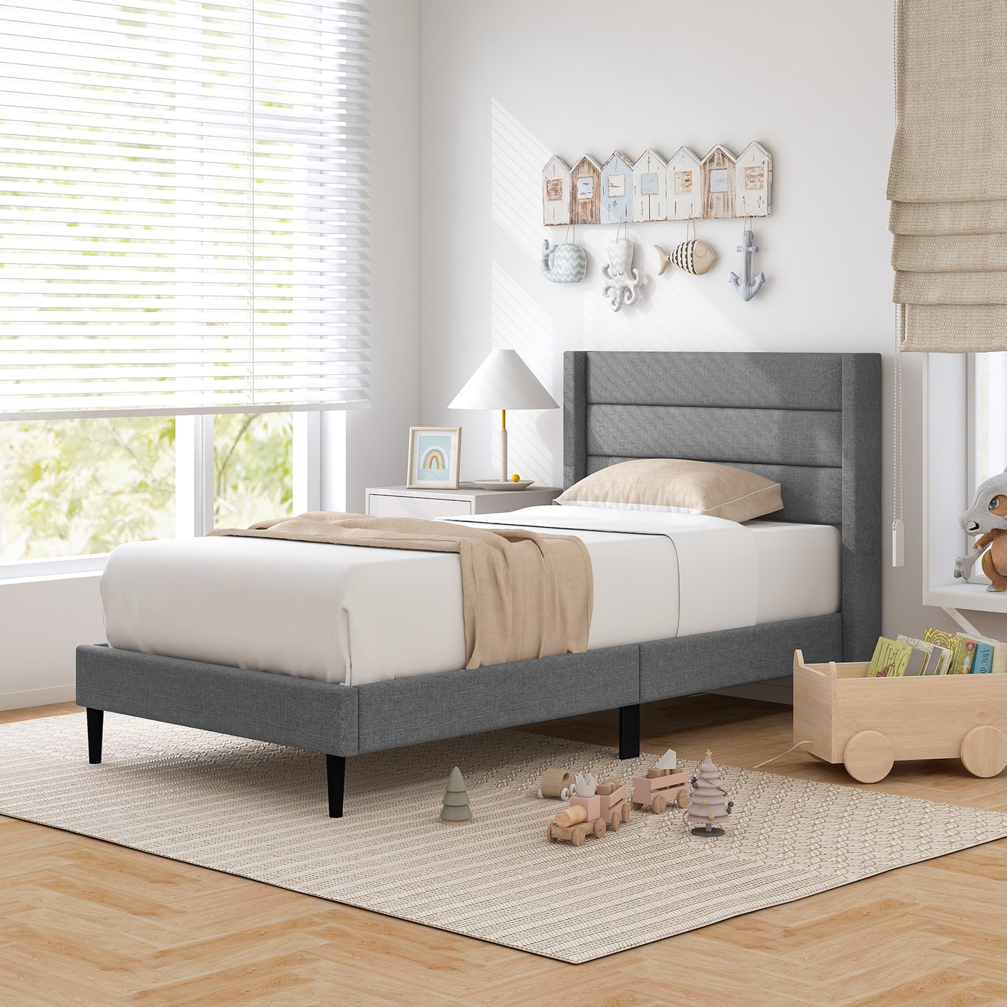 Stylish Linen Upholstered Platform Bed Frame with Wingback Headboard - Twin Size