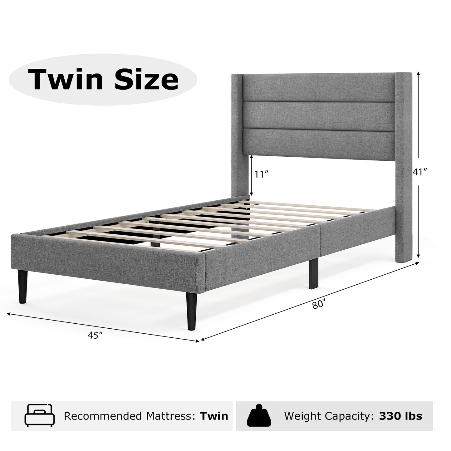 Stylish Linen Upholstered Platform Bed Frame with Wingback Headboard - Twin Size