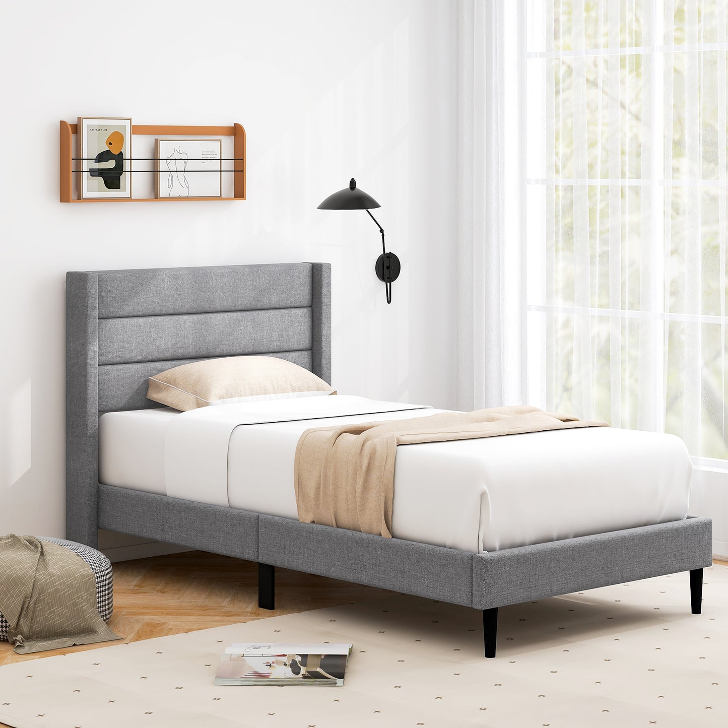Stylish Linen Upholstered Platform Bed Frame with Wingback Headboard - Twin Size