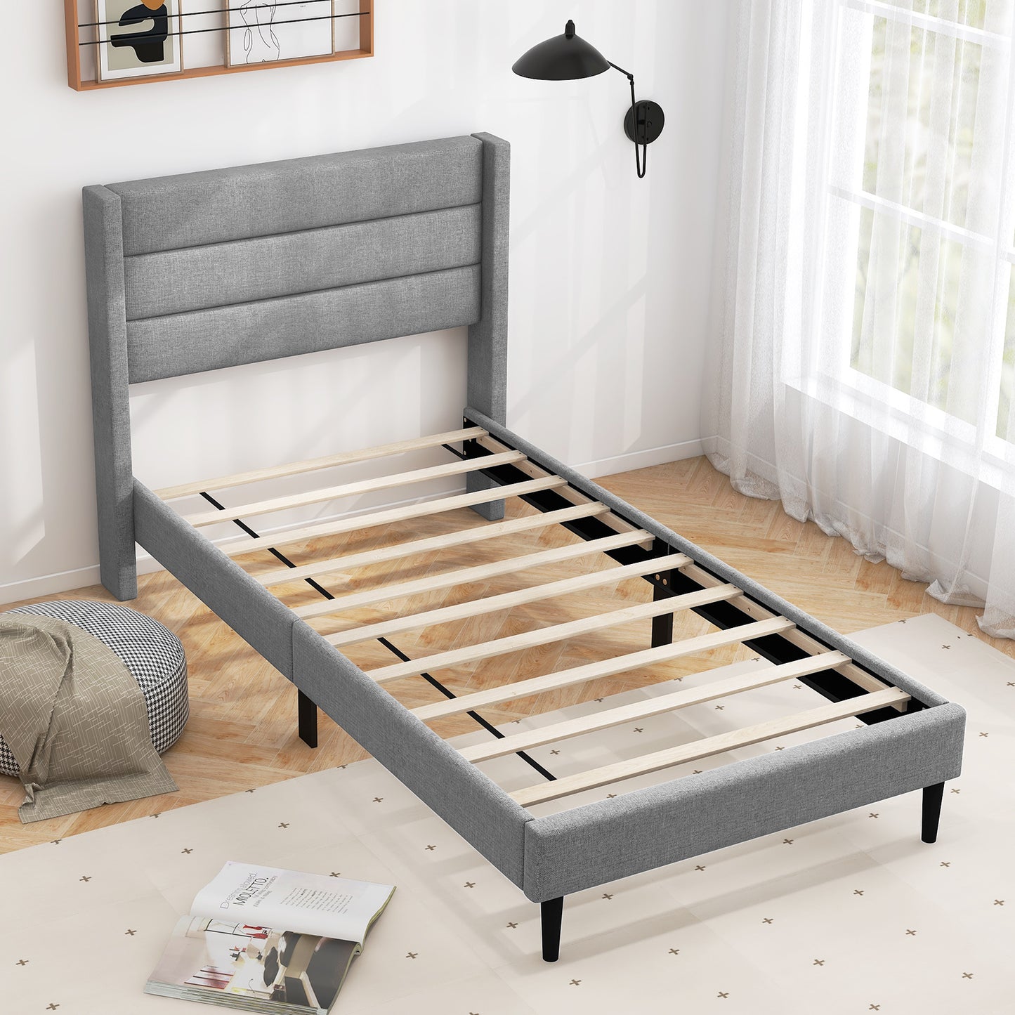 Stylish Linen Upholstered Platform Bed Frame with Wingback Headboard - Twin Size