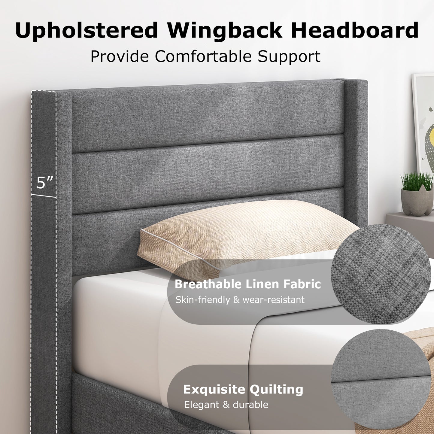 Stylish Linen Upholstered Platform Bed Frame with Wingback Headboard - Twin Size