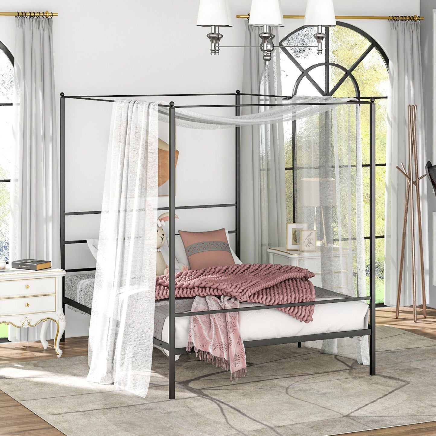 Elegant Metal Canopy Bed Frame with Slat Support – Queen Size