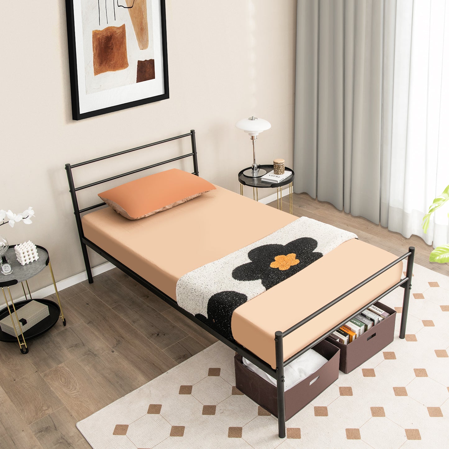 Modern Twin Size Metal Platform Bed Frame with Stylish Headboard – Black