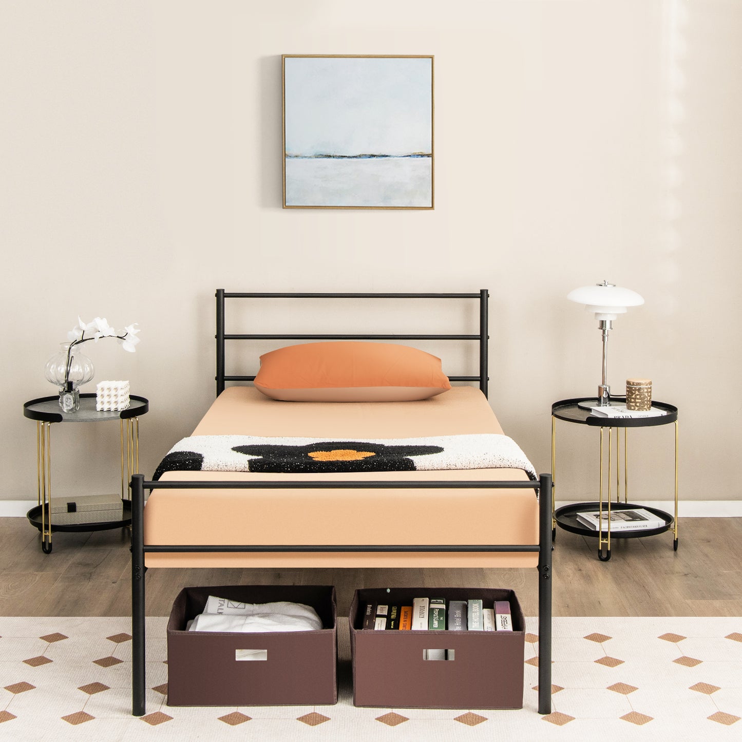 Modern Twin Size Metal Platform Bed Frame with Stylish Headboard – Black