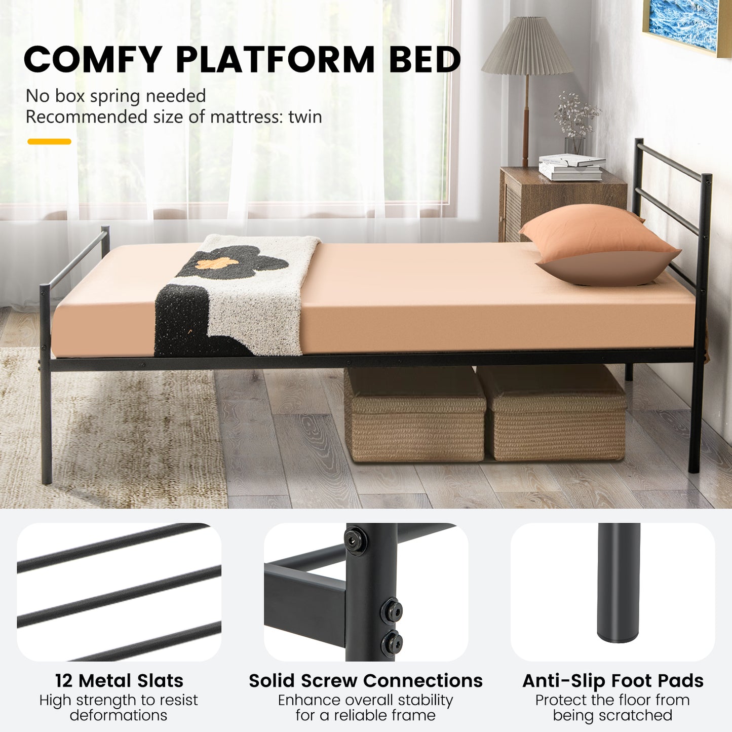 Modern Twin Size Metal Platform Bed Frame with Stylish Headboard – Black