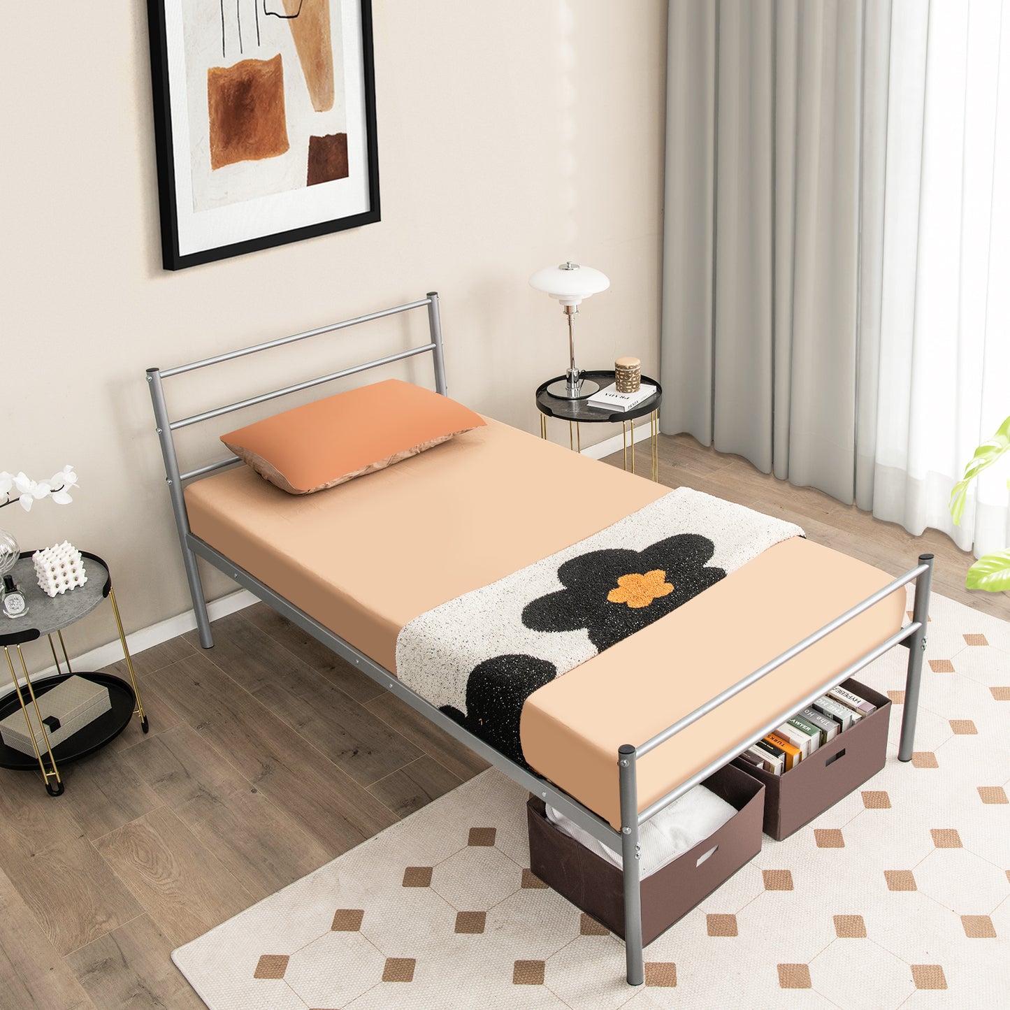 Modern Twin Size Metal Platform Bed Frame with Stylish Headboard – Silver