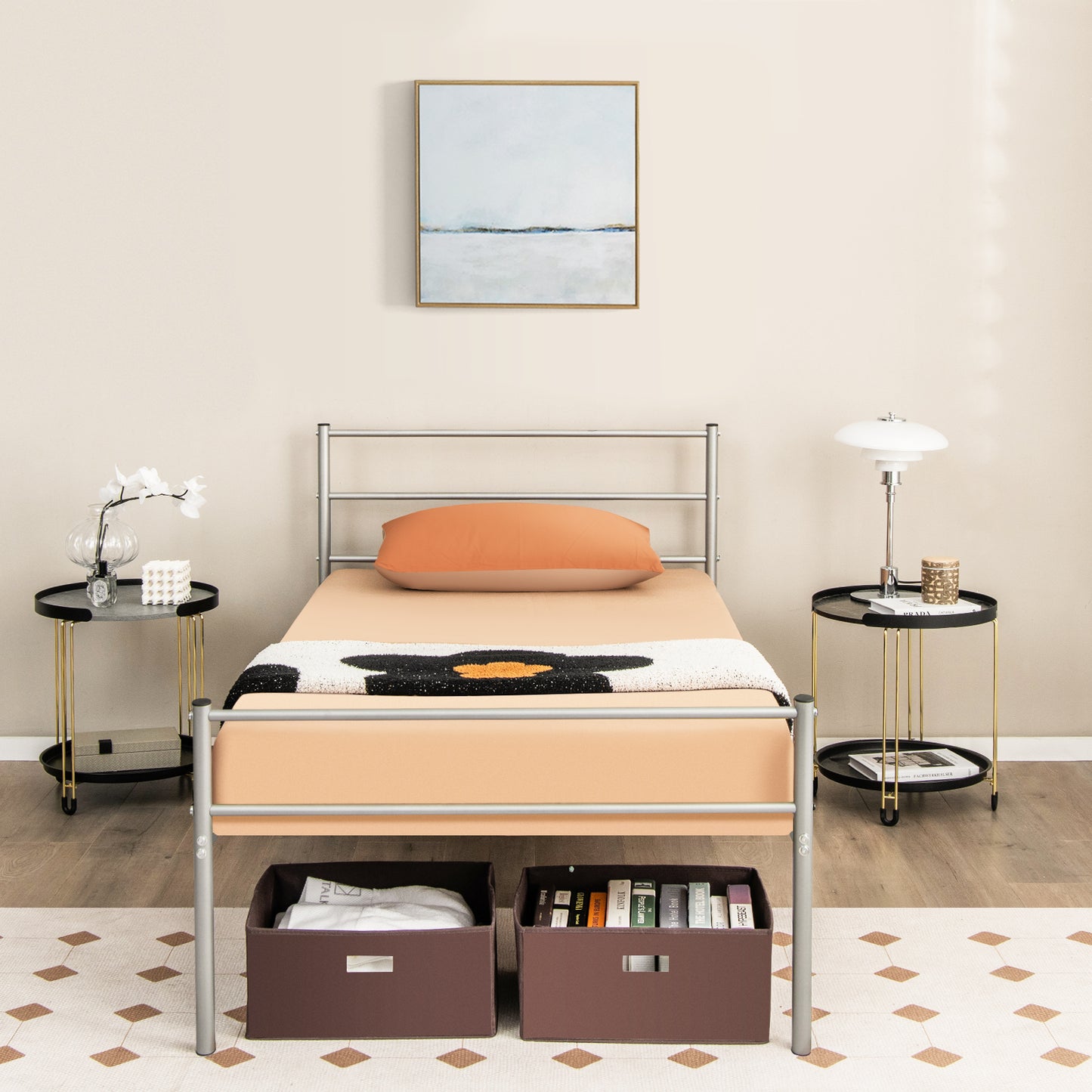 Modern Twin Size Metal Platform Bed Frame with Stylish Headboard – Silver