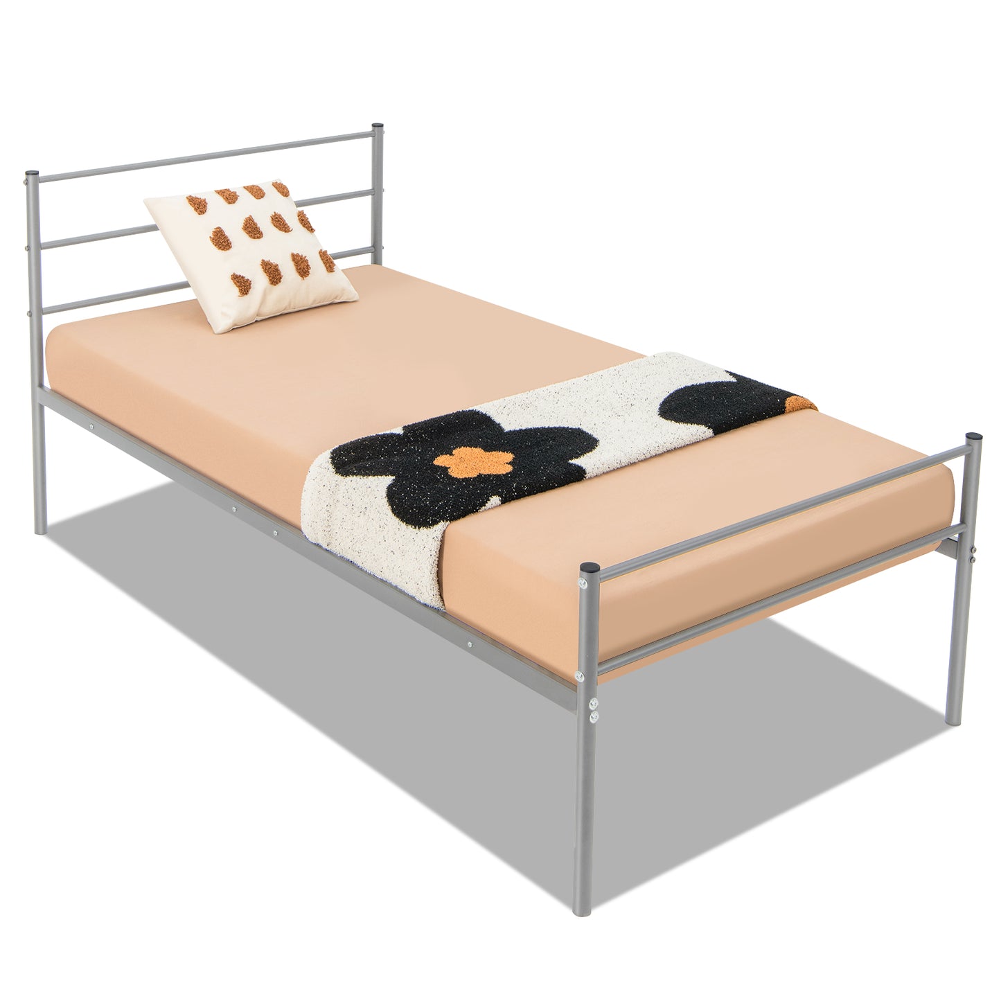 Modern Twin Size Metal Platform Bed Frame with Stylish Headboard – Silver