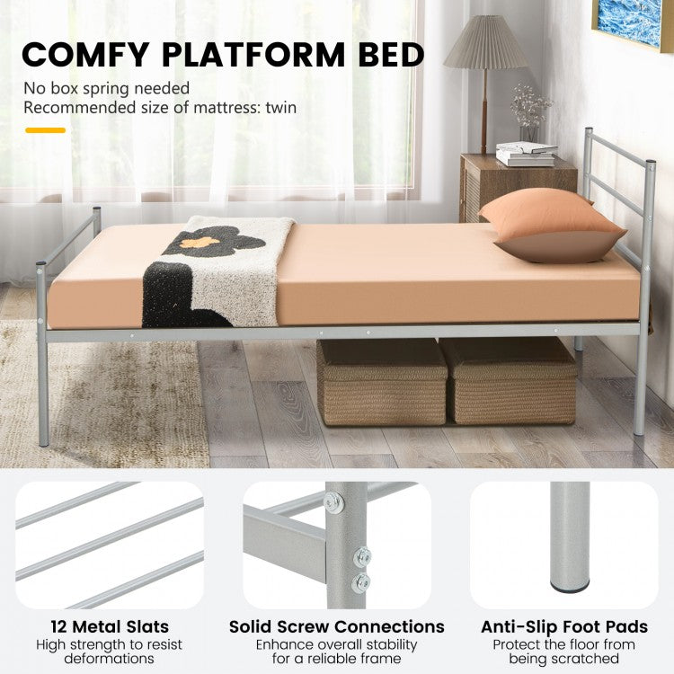 Modern Twin Size Metal Platform Bed Frame with Stylish Headboard – Silver