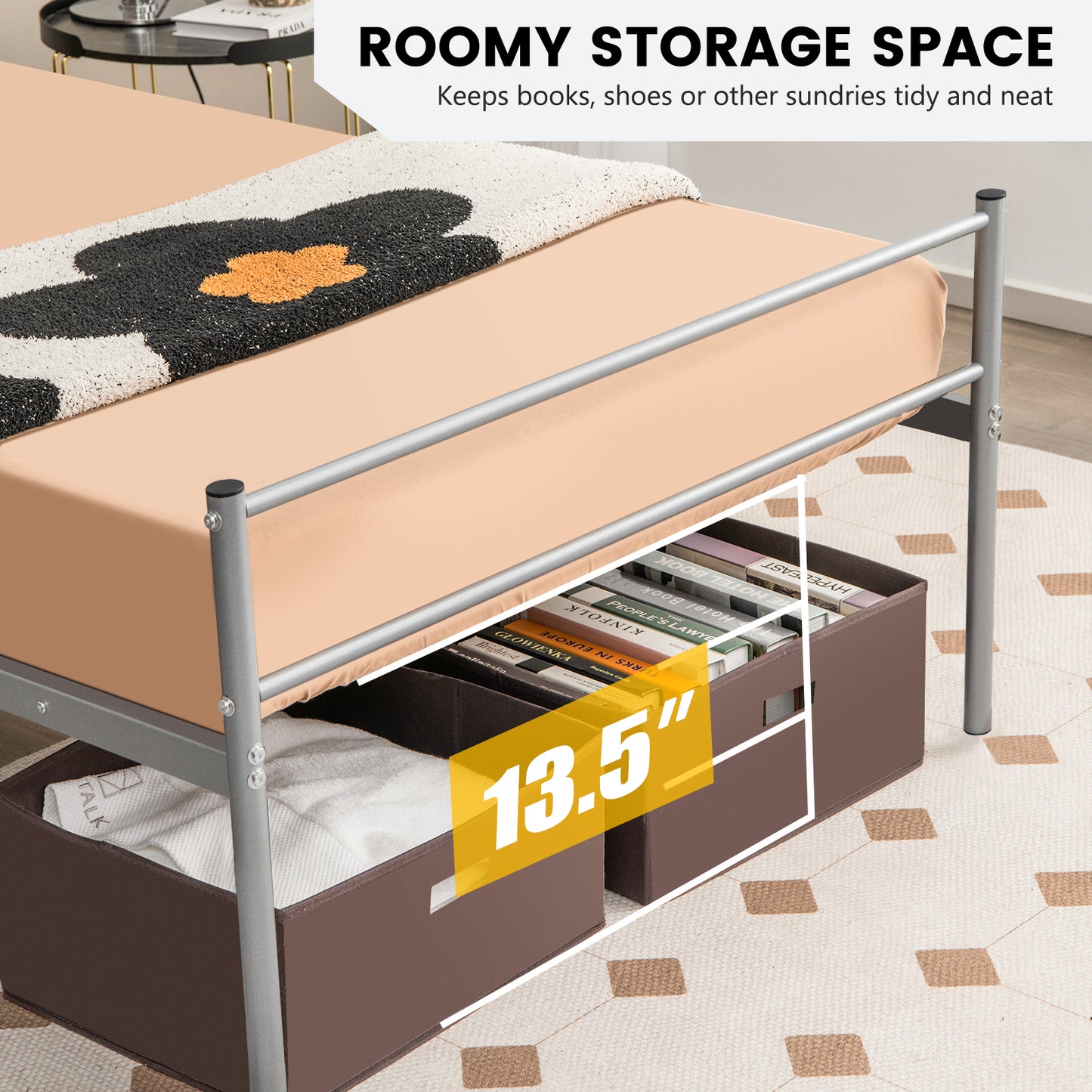 Modern Twin Size Metal Platform Bed Frame with Stylish Headboard – Silver