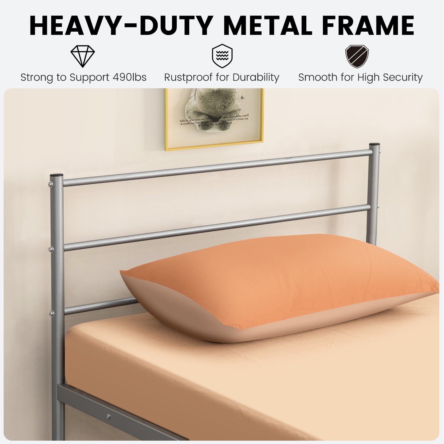 Modern Twin Size Metal Platform Bed Frame with Stylish Headboard – Silver