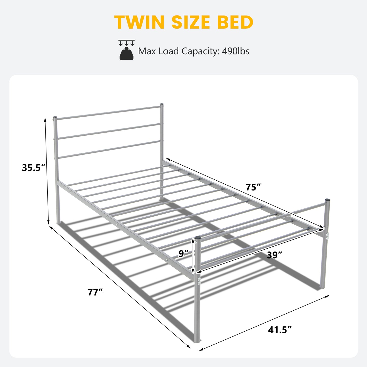 Modern Twin Size Metal Platform Bed Frame with Stylish Headboard – Silver