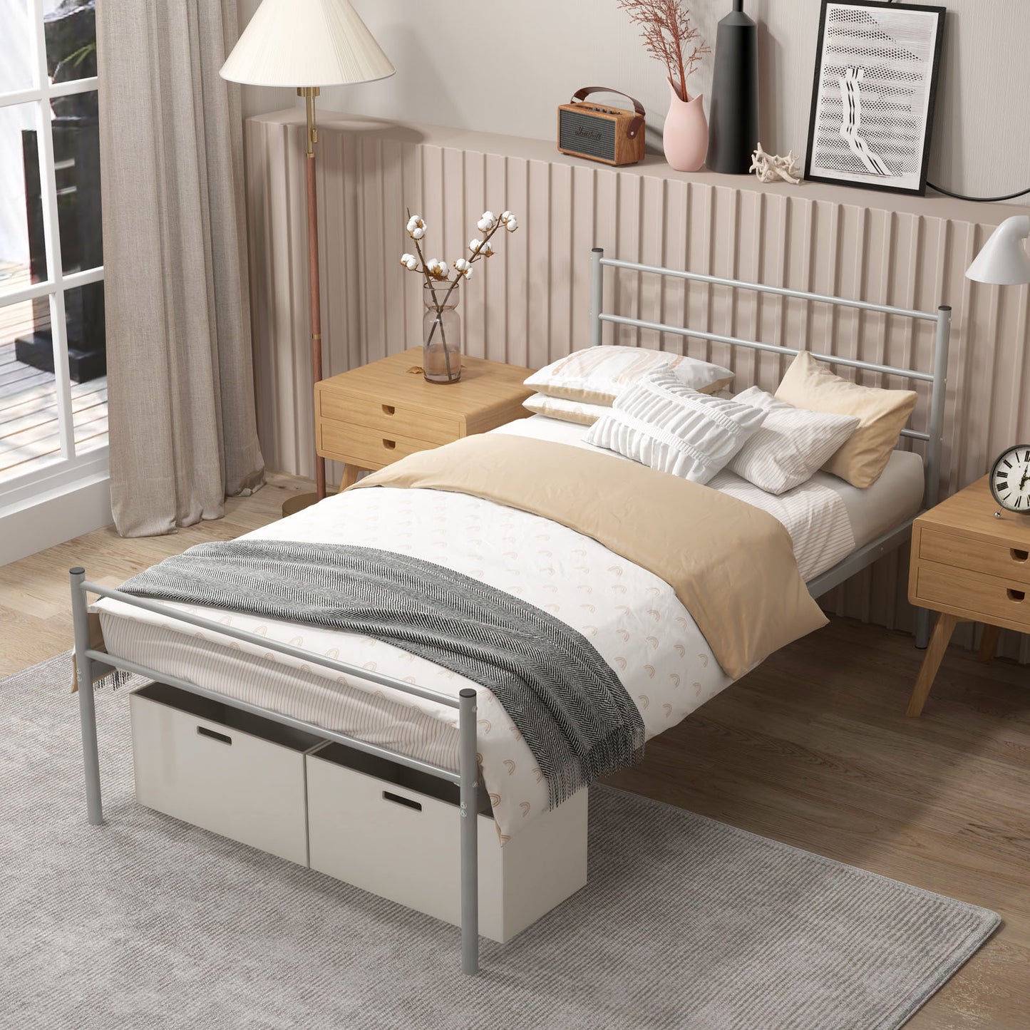 Modern Twin Size Metal Platform Bed Frame with Stylish Headboard – Silver