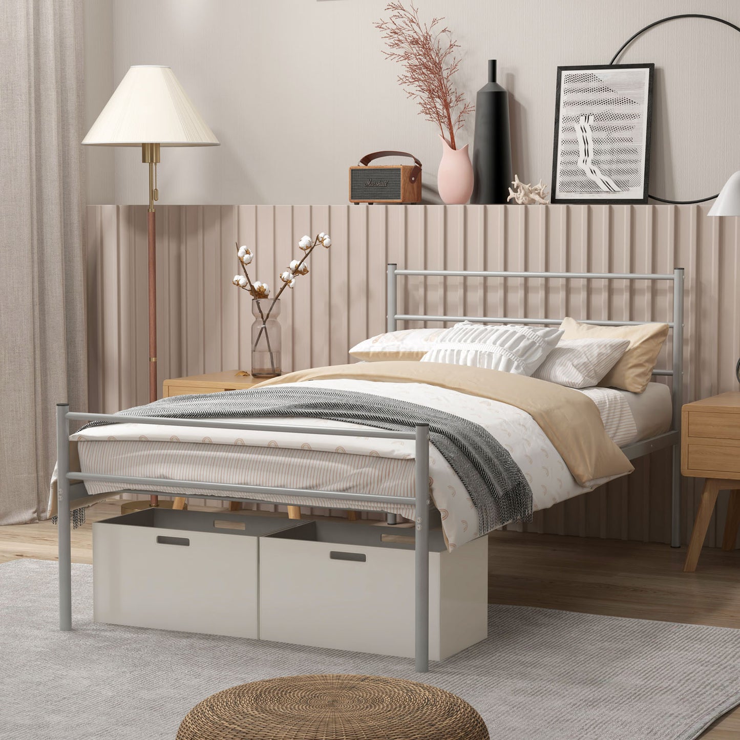 Modern Twin Size Metal Platform Bed Frame with Stylish Headboard – Silver