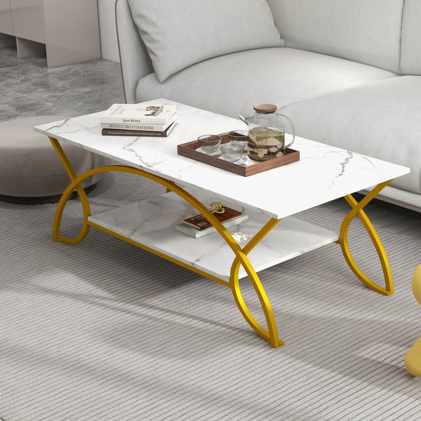 Modern 2 Tier Faux Marble Coffee Table with Metal Frame – White & Gold