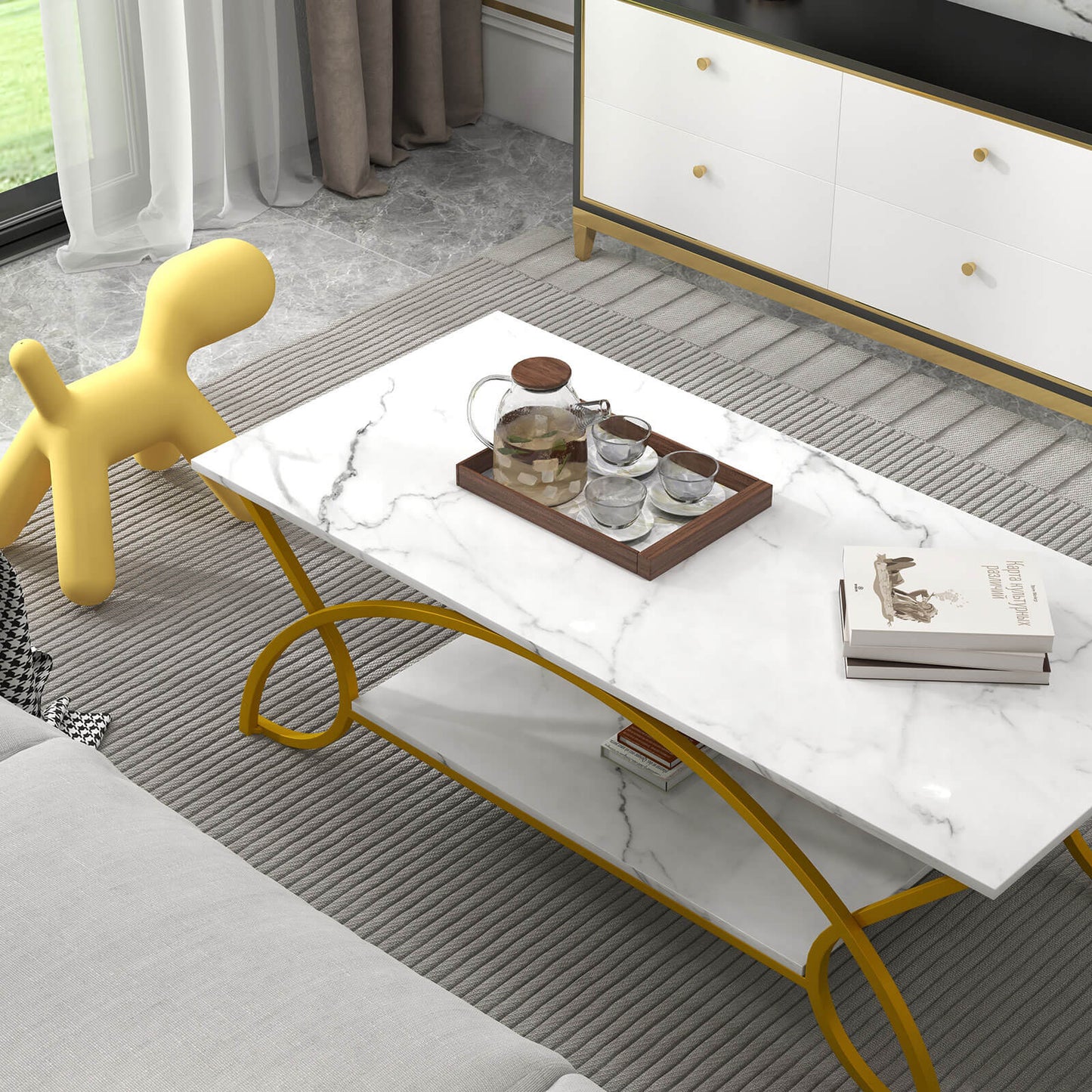 Modern 2 Tier Faux Marble Coffee Table with Metal Frame – White & Gold