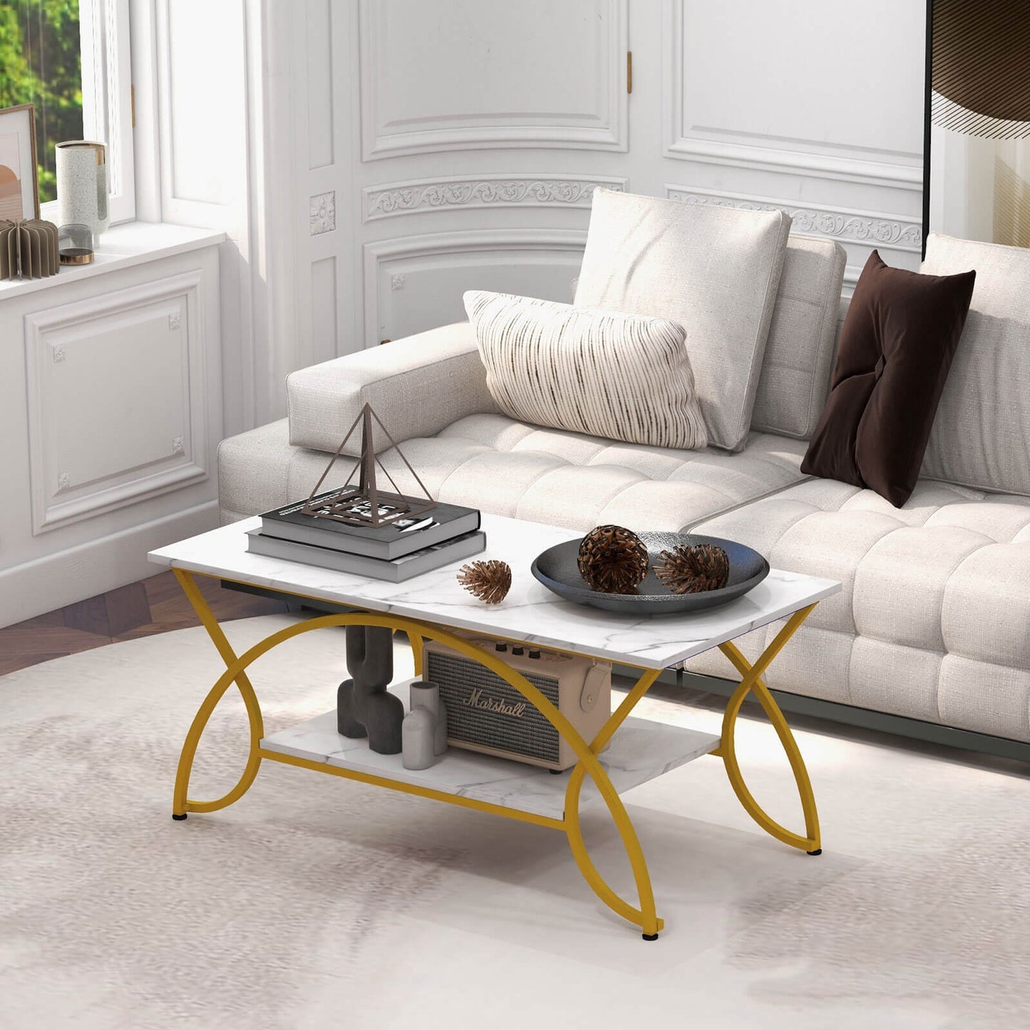 Modern 2 Tier Faux Marble Coffee Table with Metal Frame – White & Gold