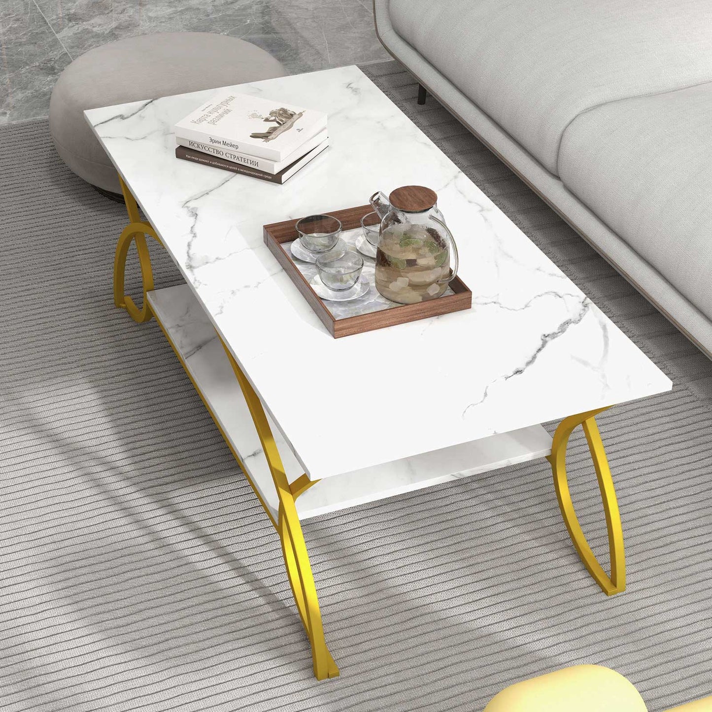 Modern 2 Tier Faux Marble Coffee Table with Metal Frame – White & Gold