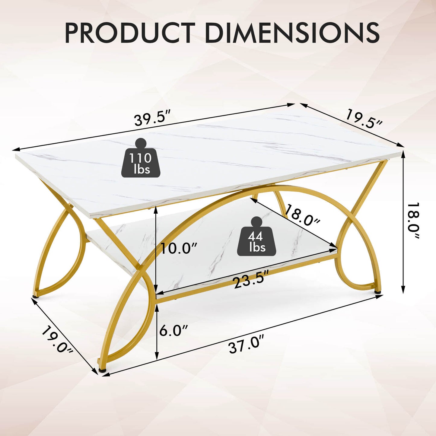 Modern 2 Tier Faux Marble Coffee Table with Metal Frame – White & Gold